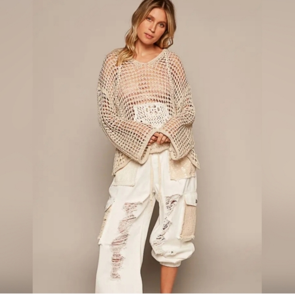 NWT POL Cream Crochet Hooded Sweater Small Boho Coastal Knit